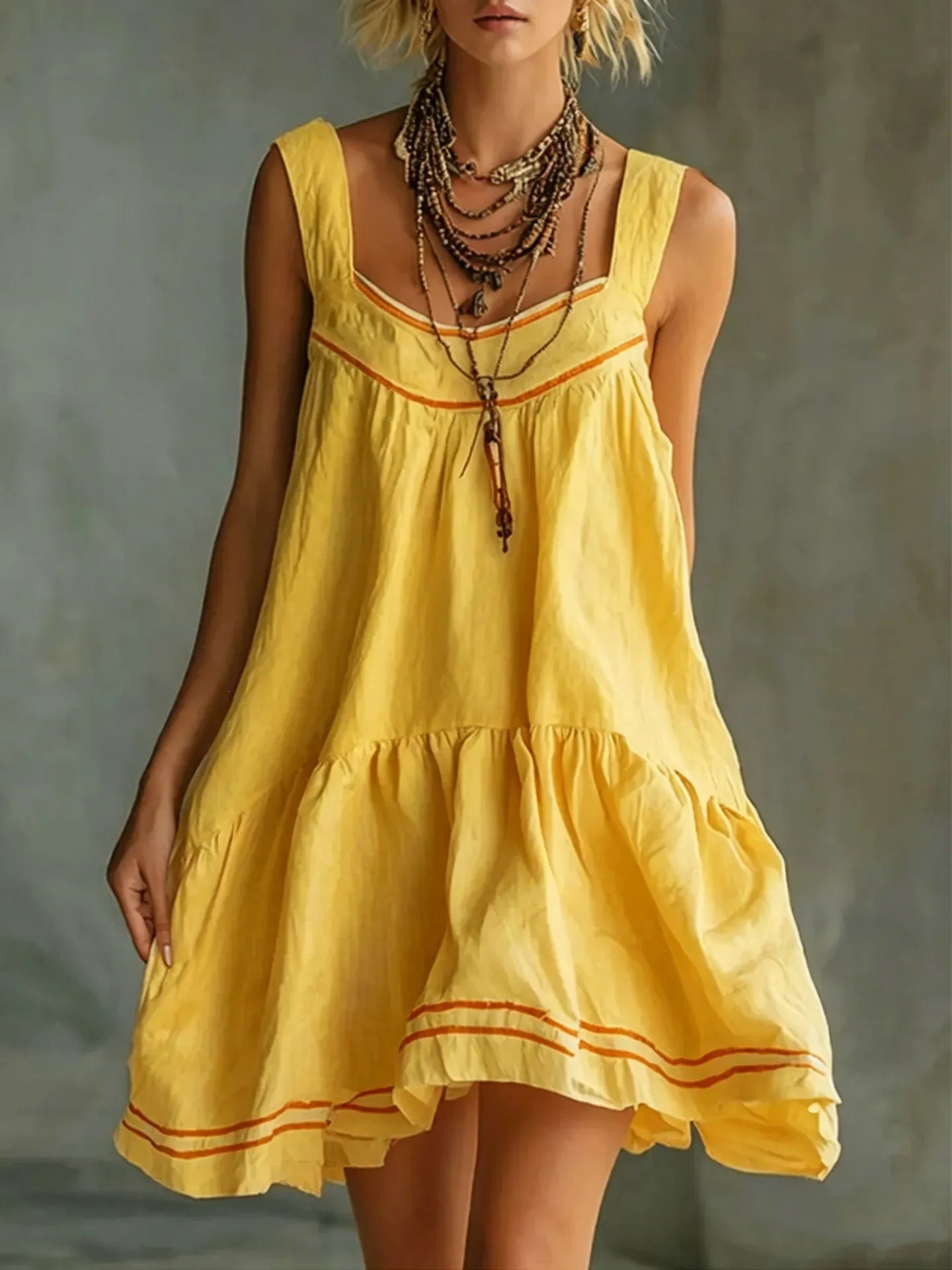 Color Stripe U-Neck Sleeveless Loose Tiered Ruffle Mini Sundress
