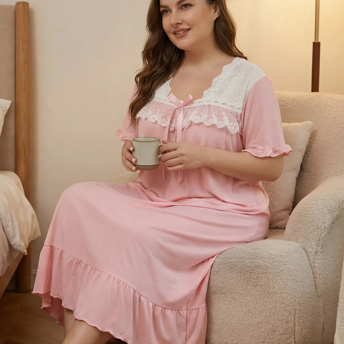 Oversized Pink Nightgown, Romantic Lace V-Neck Bow Decor Short Sleeve Maxi Sleep Dress