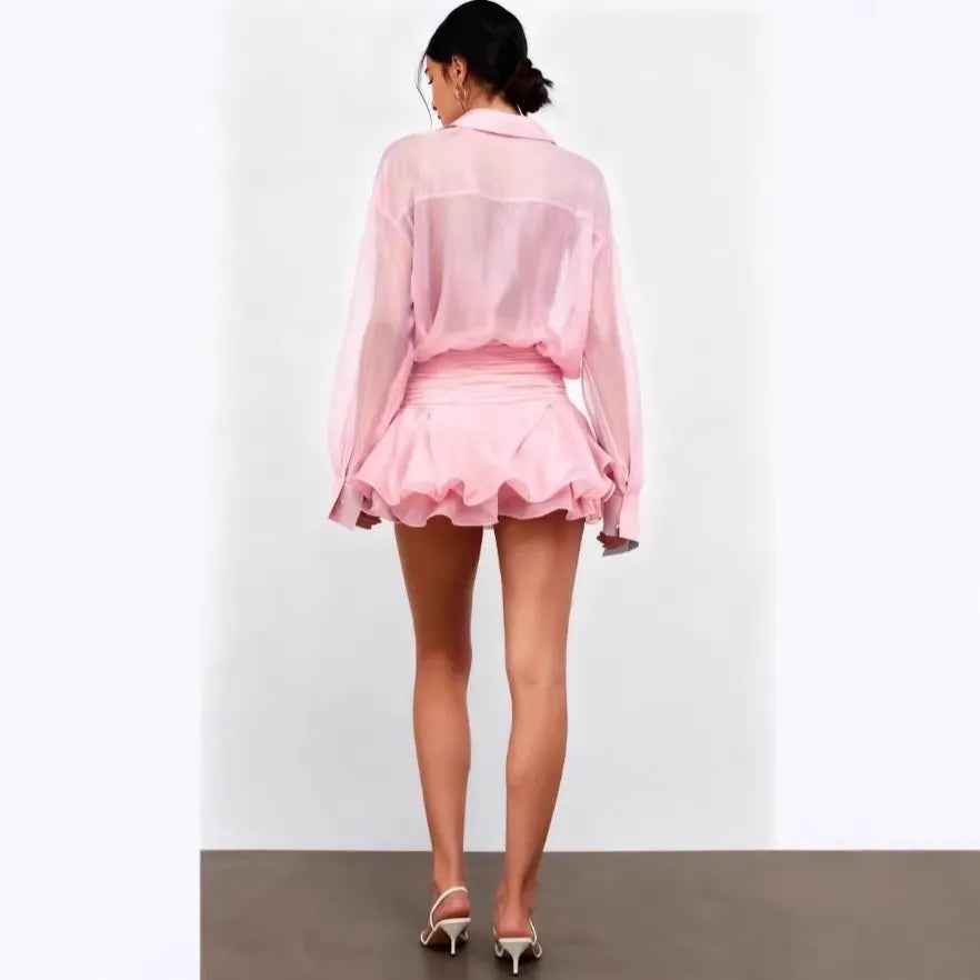 Sheer Shirt Collar Long Sleeve Mini Shirt Dress