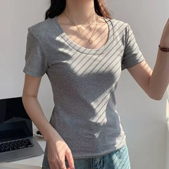 Solid Color U-Neck Short Sleeve Slim Fit T-Shirt