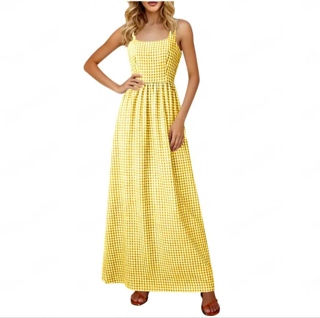 Square Neck Sleeveless Gingham Print Loose A-Line Maxi Dress