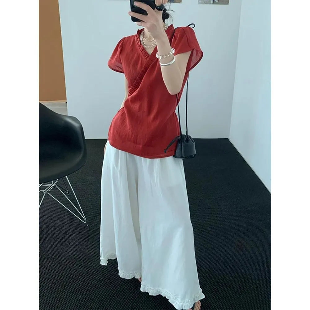 Ruffle Trim V Neck Wrap Front Solid Short Sleeve Minimalist Blouse