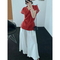 Ruffle Trim V Neck Wrap Front Solid Short Sleeve Minimalist Blouse