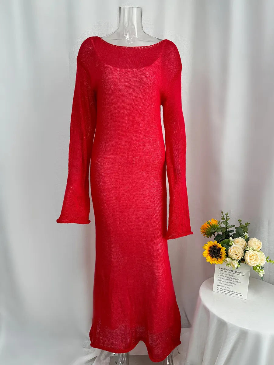 Light Pink Semi Sheer Knit Dress, Ladies Crew Neck Flared Sleeve Elegant Long Knit Midi Dress