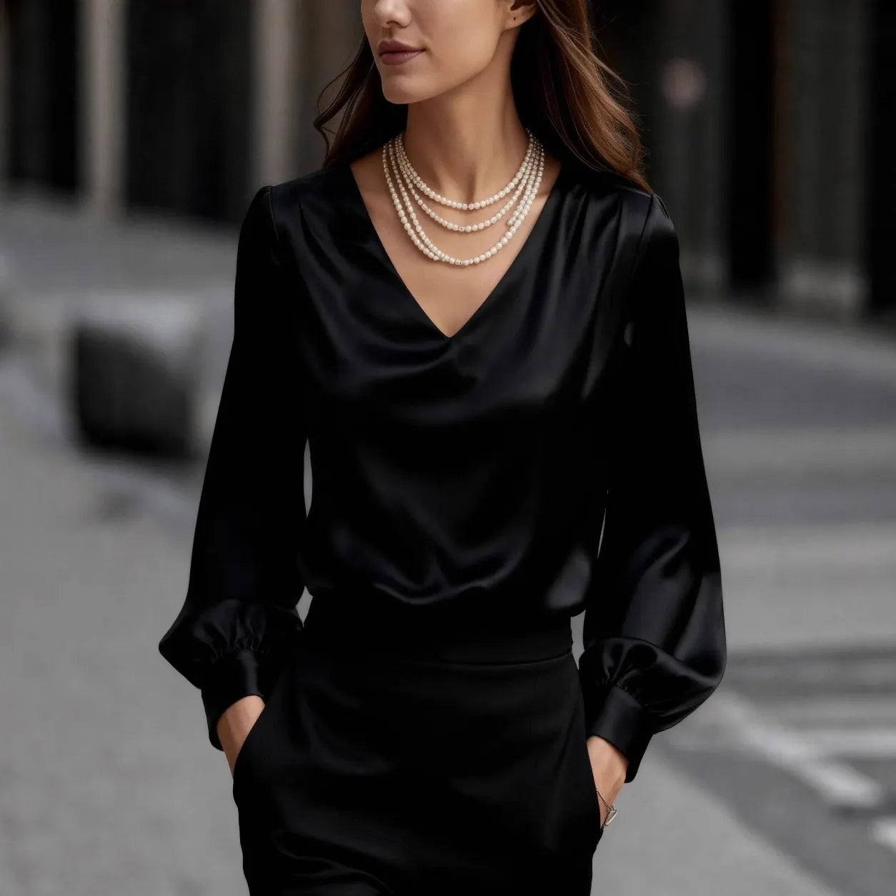 Solid V-Neck Long Puff Sleeve Elegant Blouse