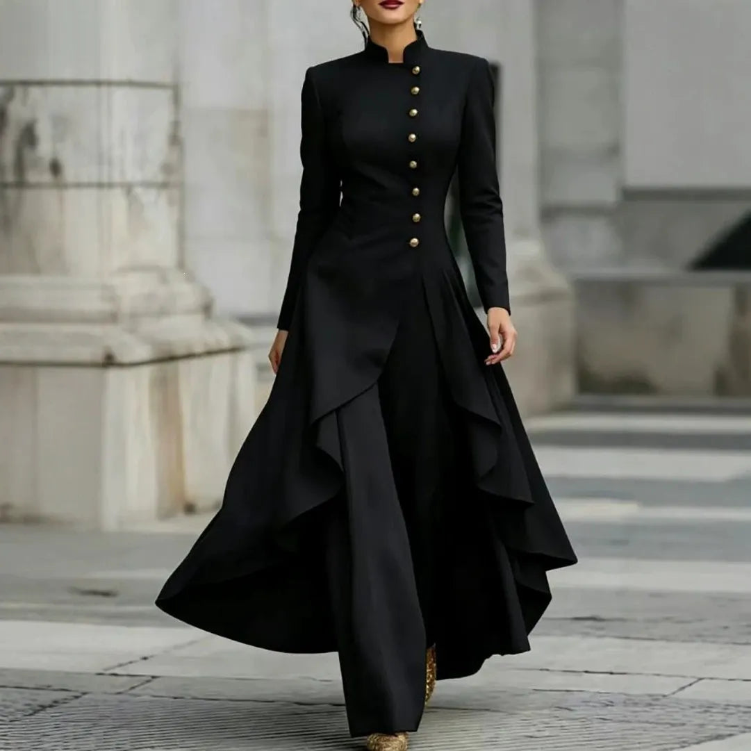 White Stand Collar Long Sleeve Gold Button Skirted Pant Suit