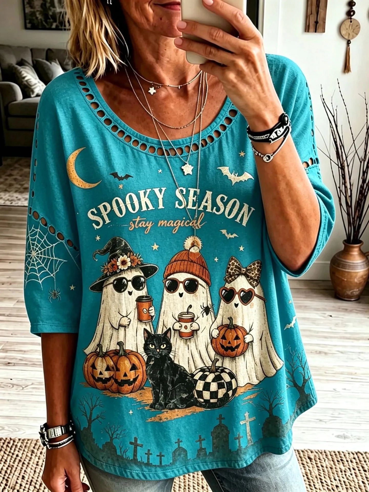 Halloween Spooky Season Ghost Pumpkin Print Crew Neck Short Sleeve T‑Shirt