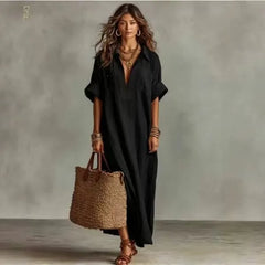 Lapel Half Button Roll Up Sleeve Loose A-Line Maxi Shirt Dress