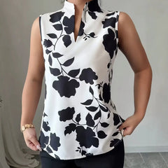 Stand Collar Sleeveless Black Floral Print Slim Pullover Commuter Blouse