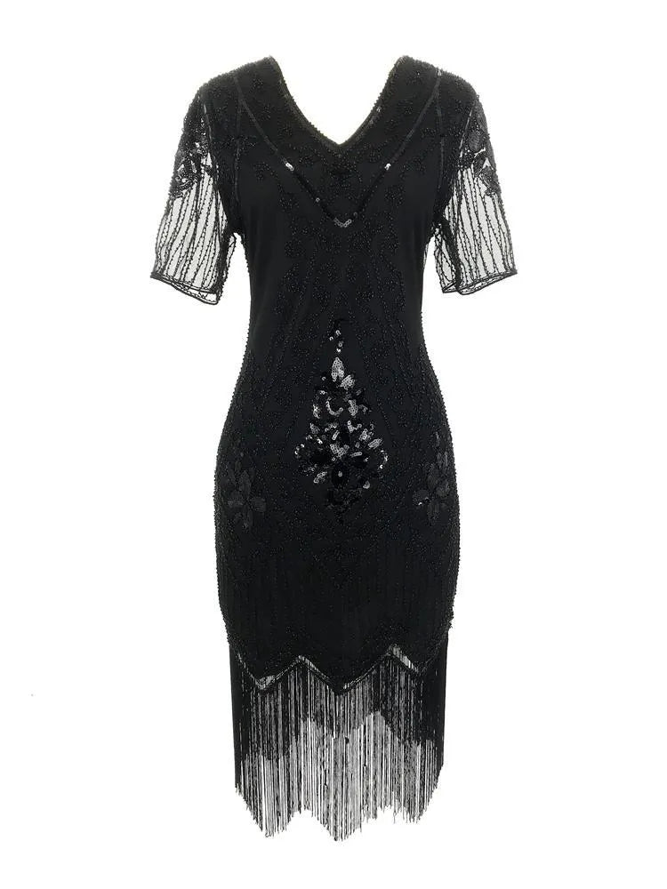 New Year Party Dress 1920s Gatsby Vintage Beaded Fringe Flapper Midi Dress