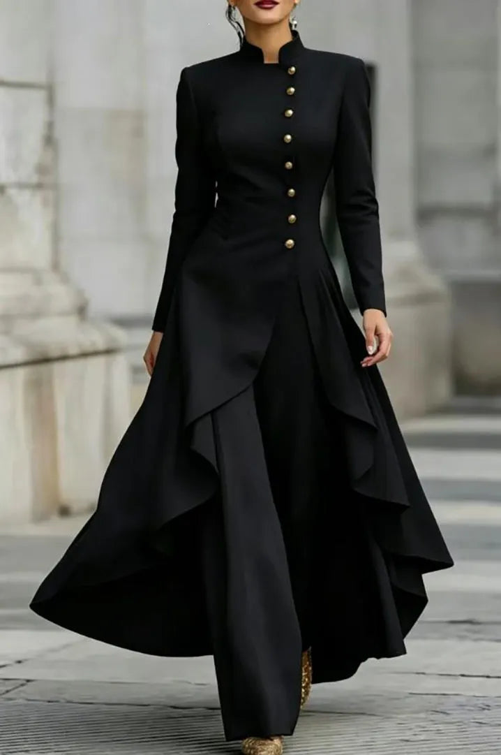 White Stand Collar Long Sleeve Gold Button Skirted Pant Suit
