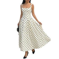 Polka Dot Square Neck Sleeveless High Waist Maxi Dress