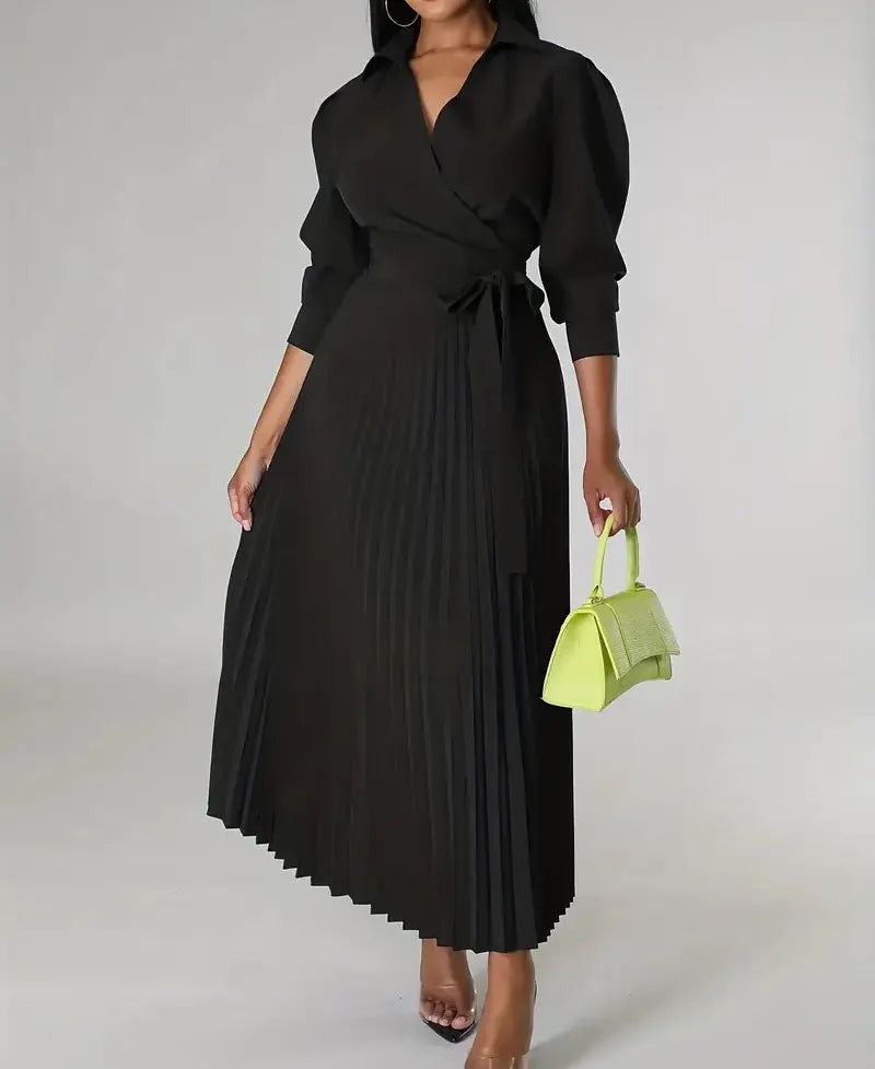 Wrap Front Pleated Midi Dress with Puff Sleeves