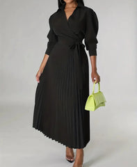 Wrap Front Pleated Midi Dress with Puff Sleeves