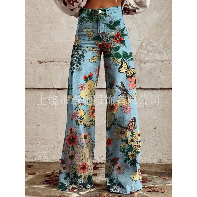 High Waist Western Cowboy Horse Print Wide Leg Pants