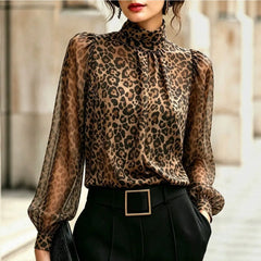 Leopard Print Semi Turtleneck Lantern Long Sleeve Blouse