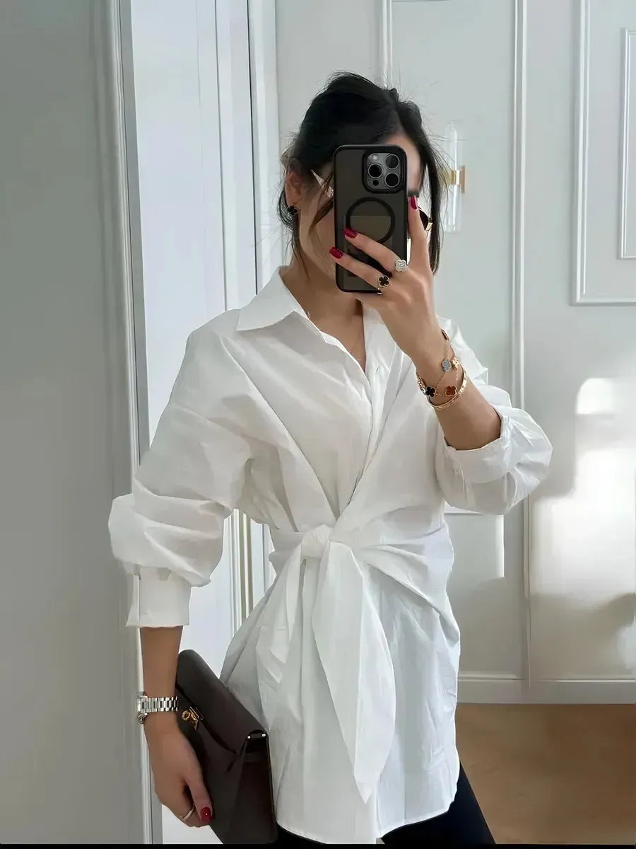 Waist Tie Wrap Slimming Button Down Shirt