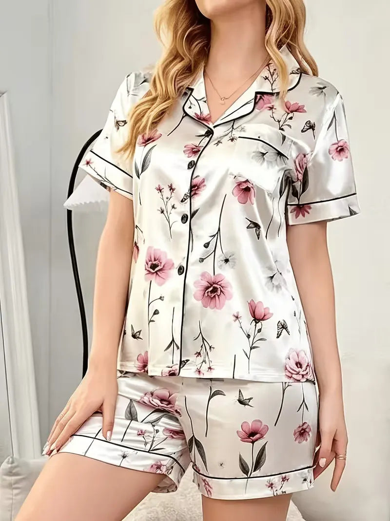 Ladies Plus Size Friendly Satin Pajama Set Cute Panda Heart Pattern Short Sleeve Top & Elastic Shorts Nightwear