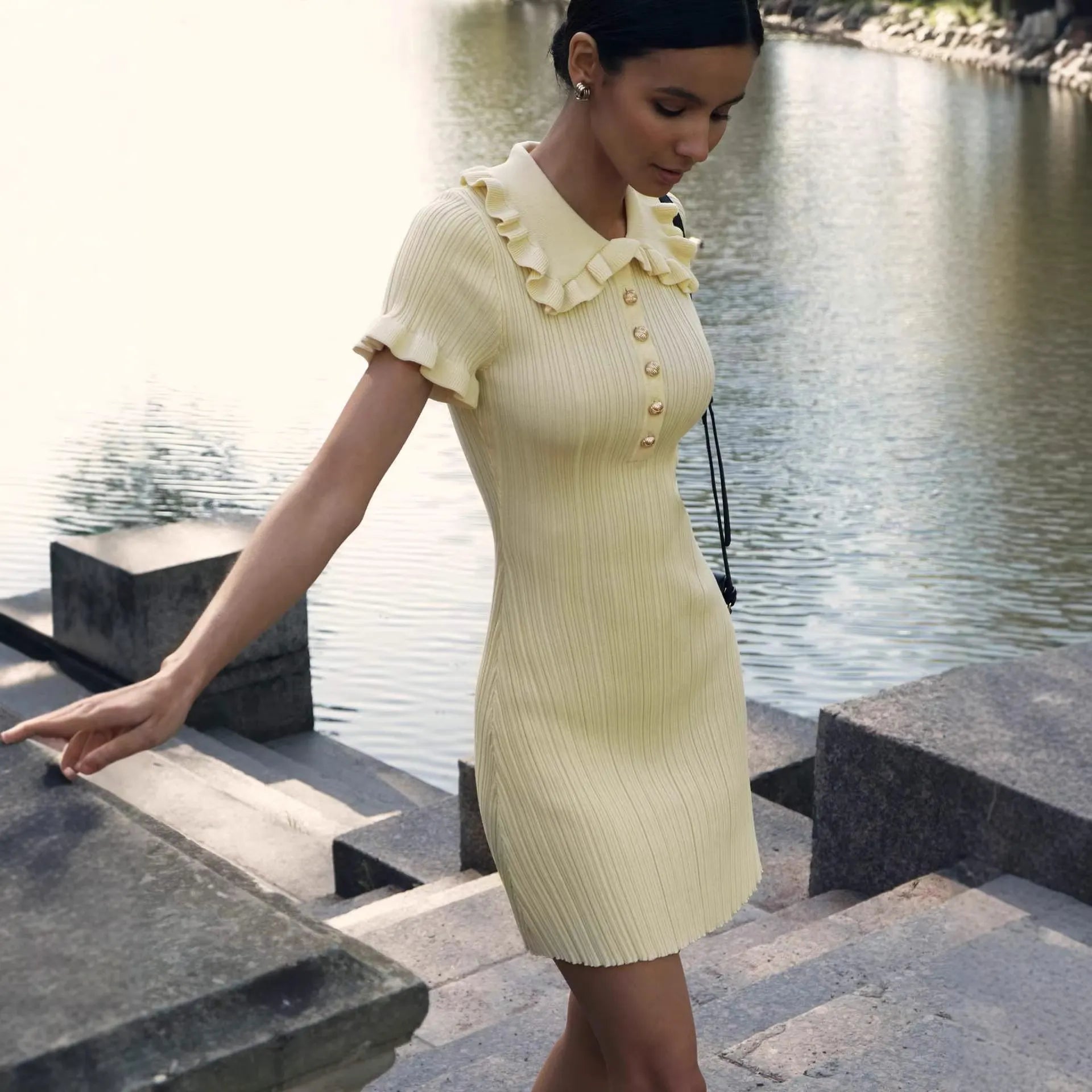 Pale Yellow Ruffle Collar Ribbed Knit Bodycon Mini Dress