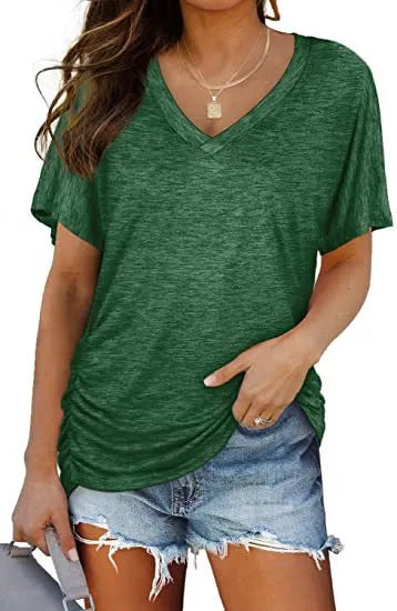 V-Neck Solid Color Loose Short Sleeve Rayon Blend Casual T-shirt