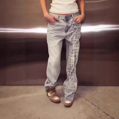 Mid‑Waist Rhinestone Decor Straight Leg Jeans