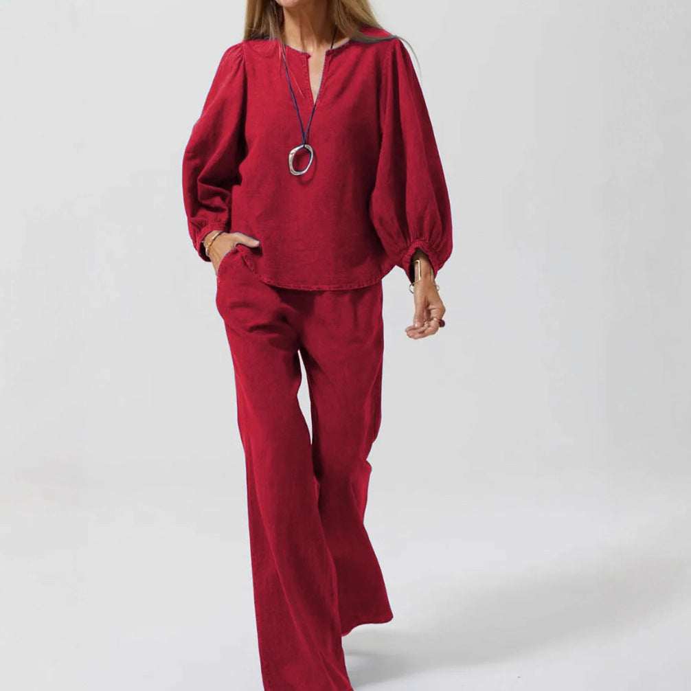 V-Neck Puff Sleeve Top & Wide Leg Pants Solid Two-Piece Casual Set