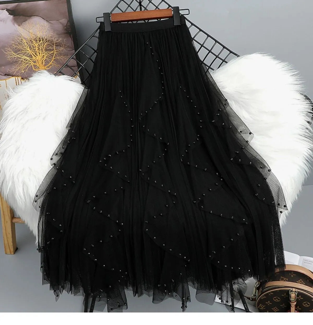 Pearl Beaded Asymmetrical Tulle Maxi Skirt
