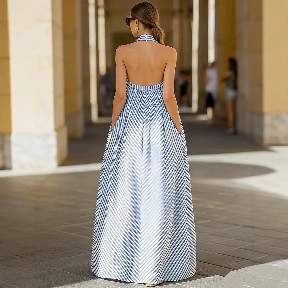 Striped Print Halter Backless Loose A-Line Floor-Length Maxi Dress