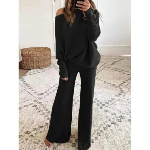 Waffle Knit Off Shoulder Oversized Top Wide Leg Pants Loungewear Set