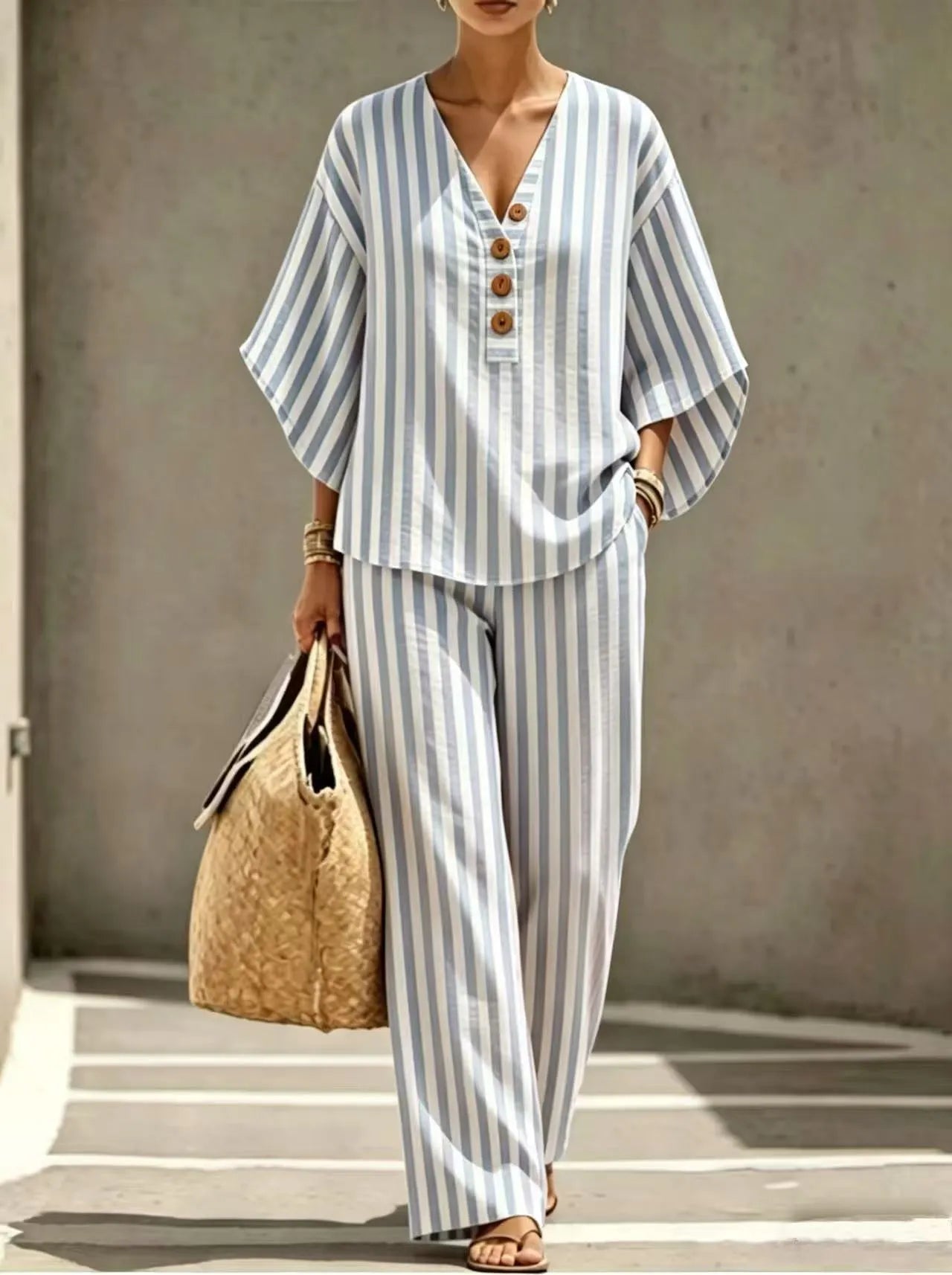Vertical Stripe Half Button V Neck Top & Wide Leg Pants Two Piece Casual Set
