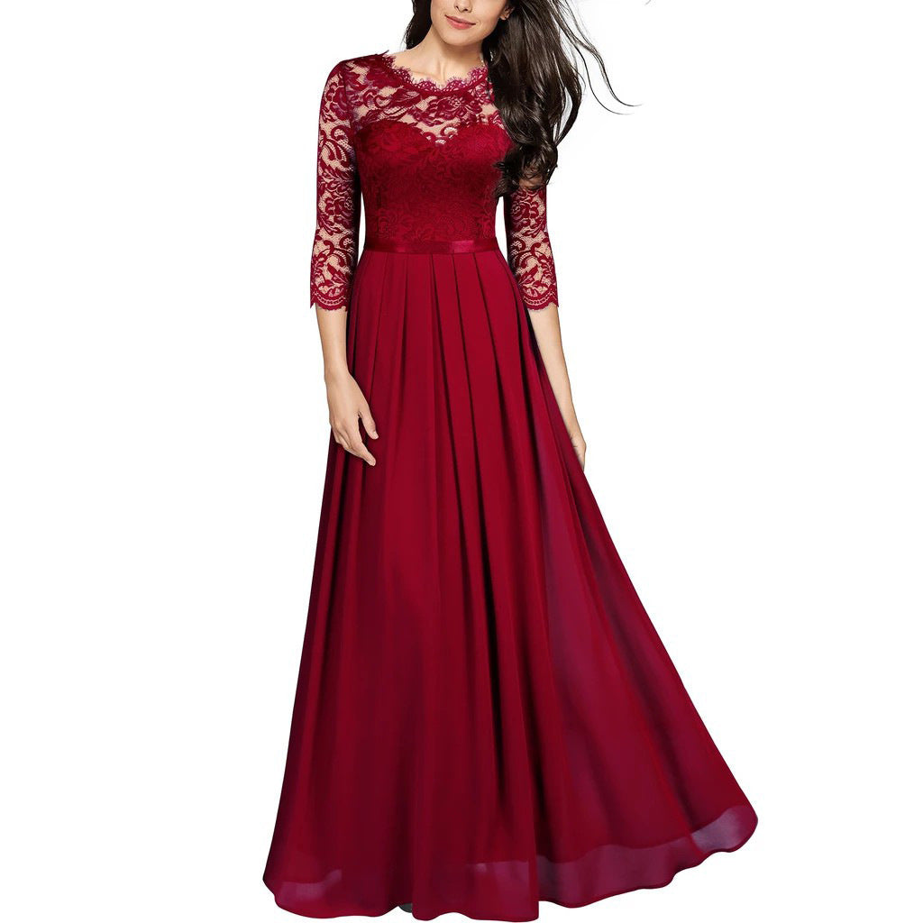 Burgundy Lace & Chiffon 3/4 Sleeve Evening Maxi Dress