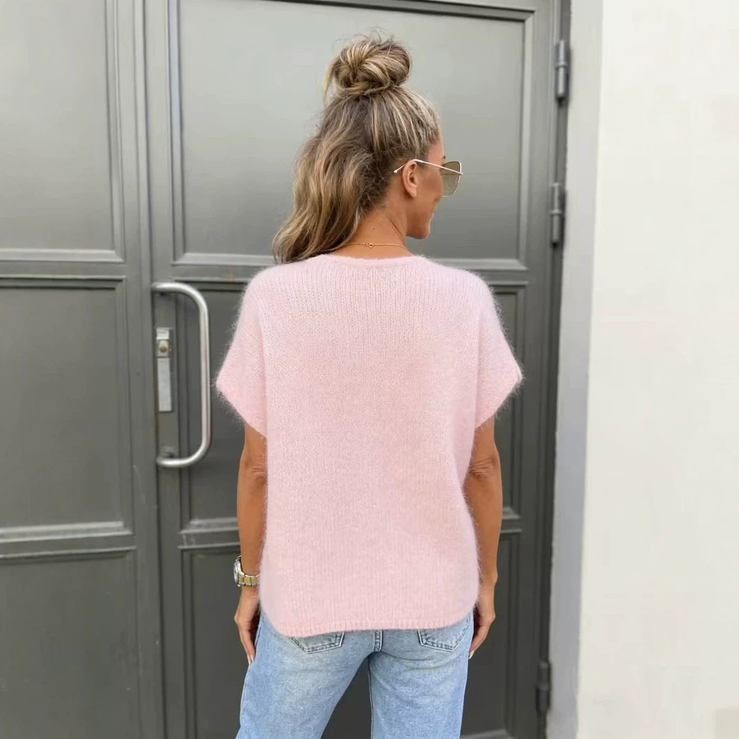 Pink Fuzzy Short-Sleeve Knit Sweater