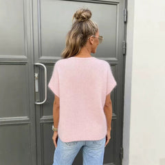 Pink Fuzzy Short-Sleeve Knit Sweater