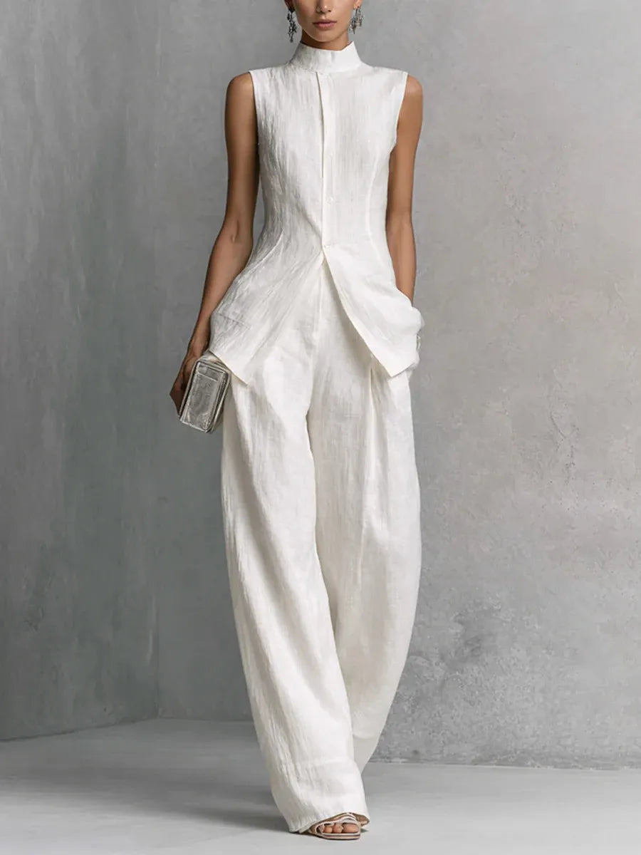 Stand Collar Sleeveless Linen Top & Wide Leg Pants 2 Piece Matching Set