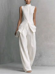 Stand Collar Sleeveless Linen Top & Wide Leg Pants 2 Piece Matching Set