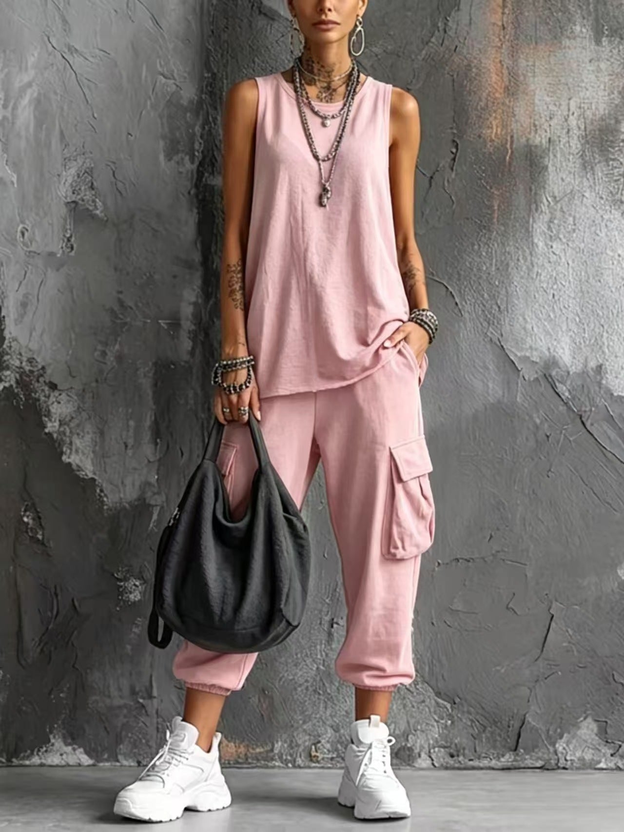 Dark Gray Sleeveless Tank & Cargo Pants Set