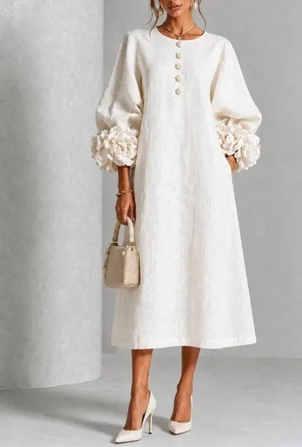 Light Pink Linen Midi Dress, 3D Floral Puff Sleeve Round Neck Button Front Loose Dress With Pockets