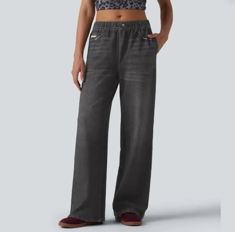 High Waist Faux Denim Wide Leg Trousers, Stretchy Elastic Waist Casual Pants