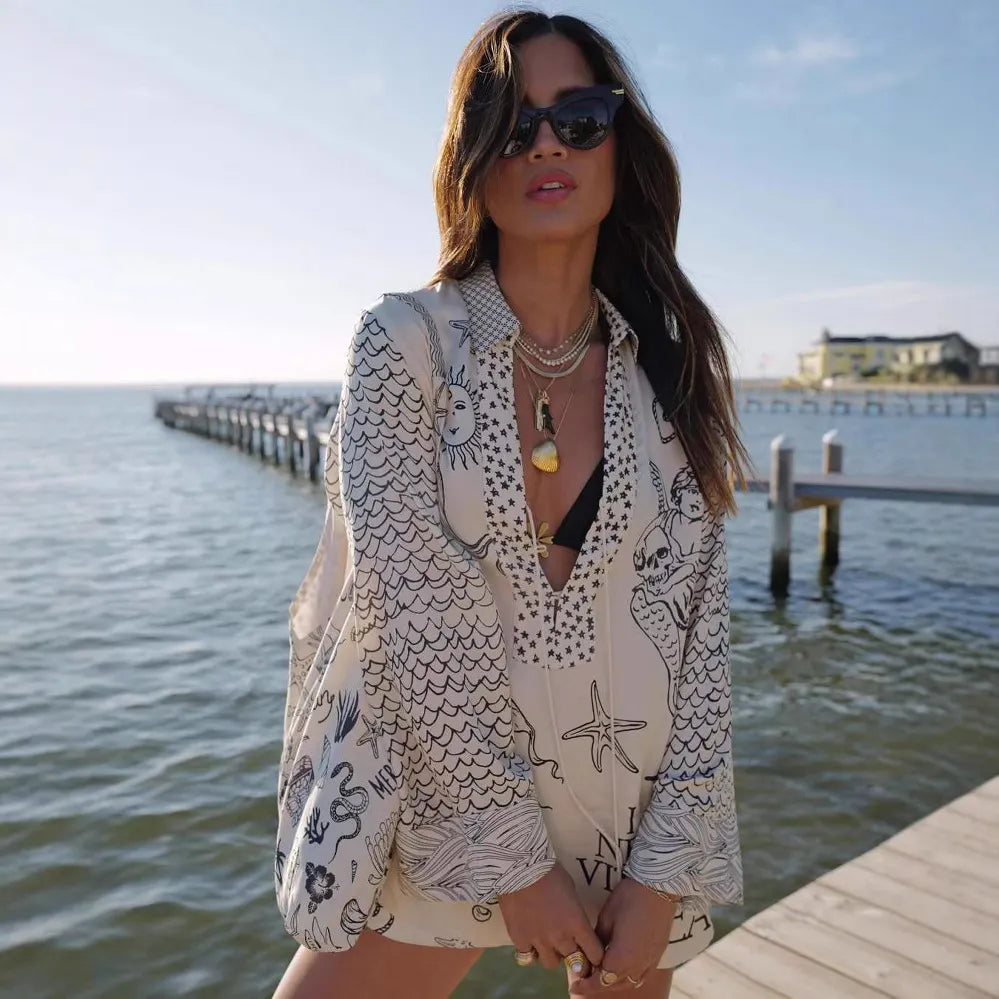 Wave Print Long Sleeve Shirt & Dot Shorts Two Piece Casual Set