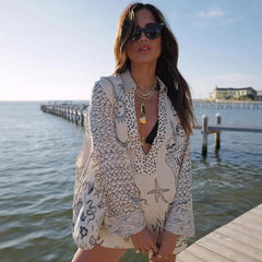 Wave Print Long Sleeve Shirt & Dot Shorts Two Piece Casual Set