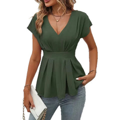 V-Neck Short Sleeve Waist Pleated Slim Pullover OL Commuter Blouse