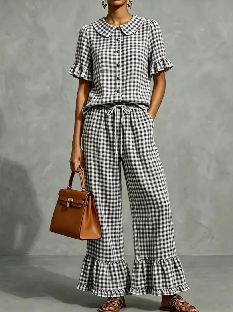 Gingham Peter Pan Collar Ruffle Short Sleeve Top & Flared Pants Two Piece Set