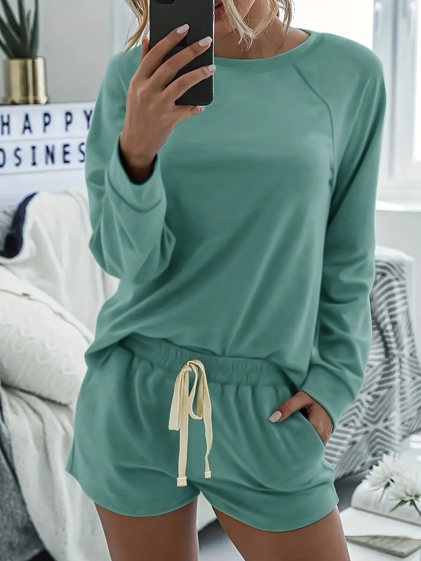 Crew Neck Solid Raglan Long Sleeve Top & Drawstring Shorts Pajama Set