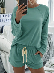 Crew Neck Solid Raglan Long Sleeve Top & Drawstring Shorts Pajama Set