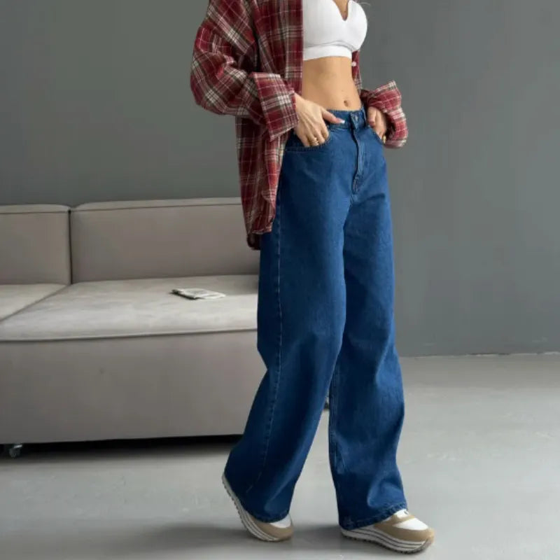 High Waist Stone Washed Dark Blue Slight Stretch Wide Leg Denim Long Jeans