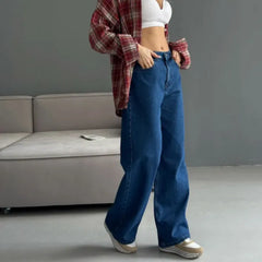 High Waist Stone Washed Dark Blue Slight Stretch Wide Leg Denim Long Jeans