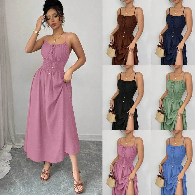 One-Shoulder Spaghetti Strap Smocked Elastic Waist Solid A-Line Maxi Dress