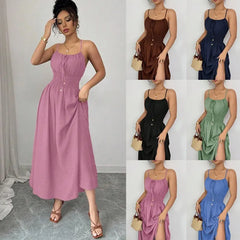 One-Shoulder Spaghetti Strap Smocked Elastic Waist Solid A-Line Maxi Dress