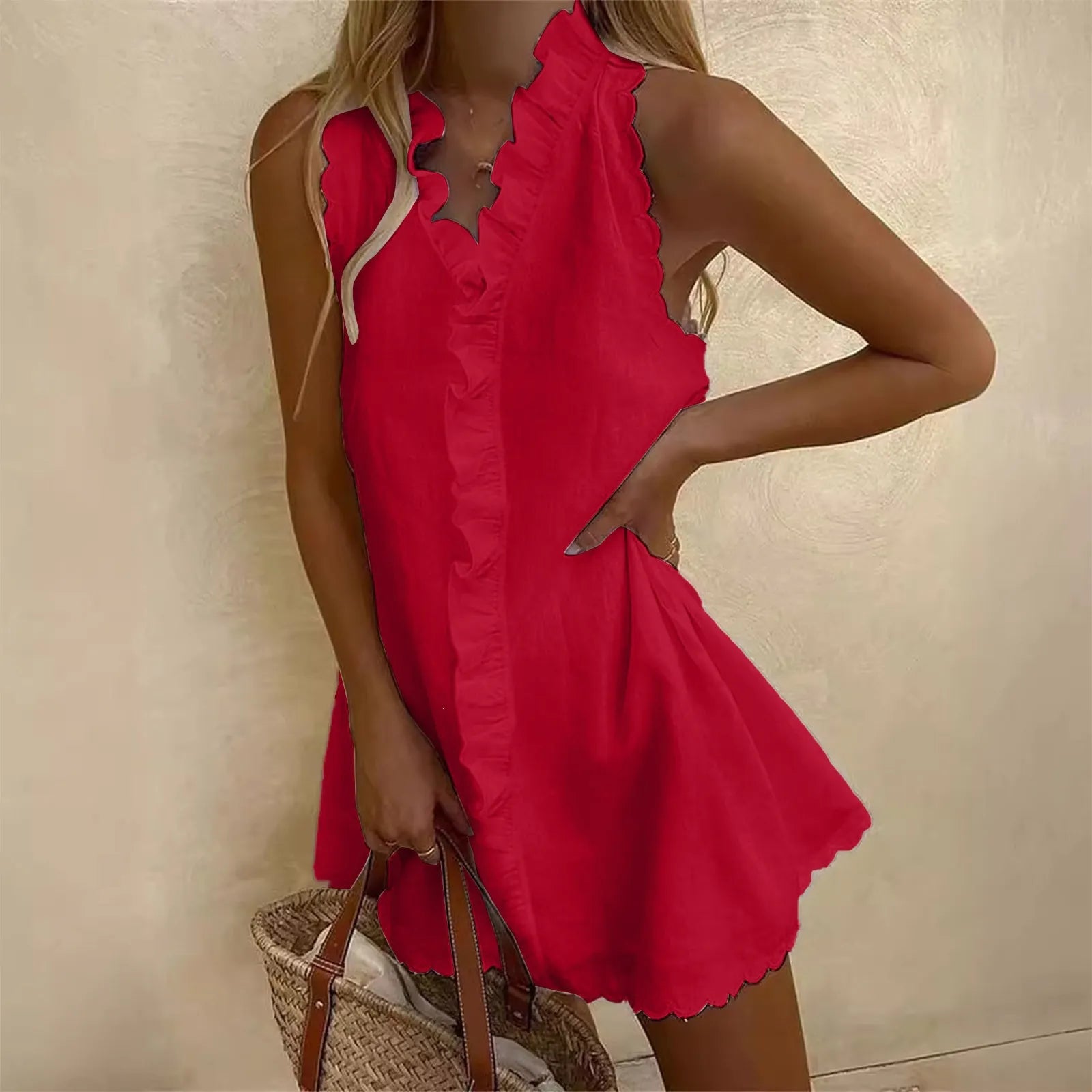 Sleeveless Ruffled Lotus Leaf V Neck Cotton Linen Mini Dress