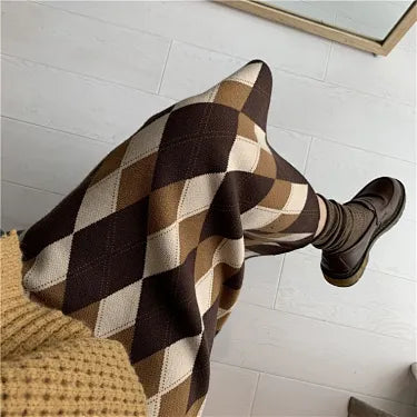 Argyle Knit A-Line Mid-Calf Skirt